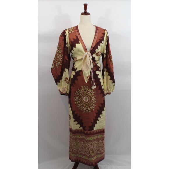 JOHANNA ORTIZ Sz 10 Sacred Soul Midi Dress Linen Midi Tie Front - Picture 2 of 16